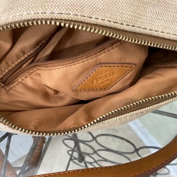 Fossil Amelia Hobo Linen /Faux Leather Shoulder Bag two different lengths straps - Picture 4 of 14